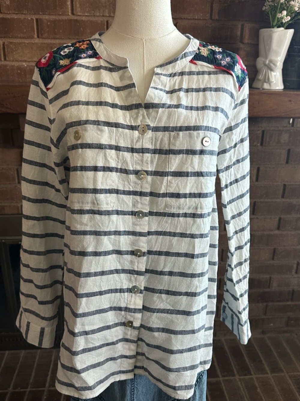 John Mark Mixed Media Striped Linen Embroidered Boho Tunic Top Chiffon Back M